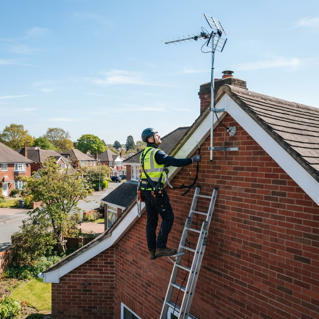 TV aerial installation in Milton Keynes - MK-Aerials technician on ladder